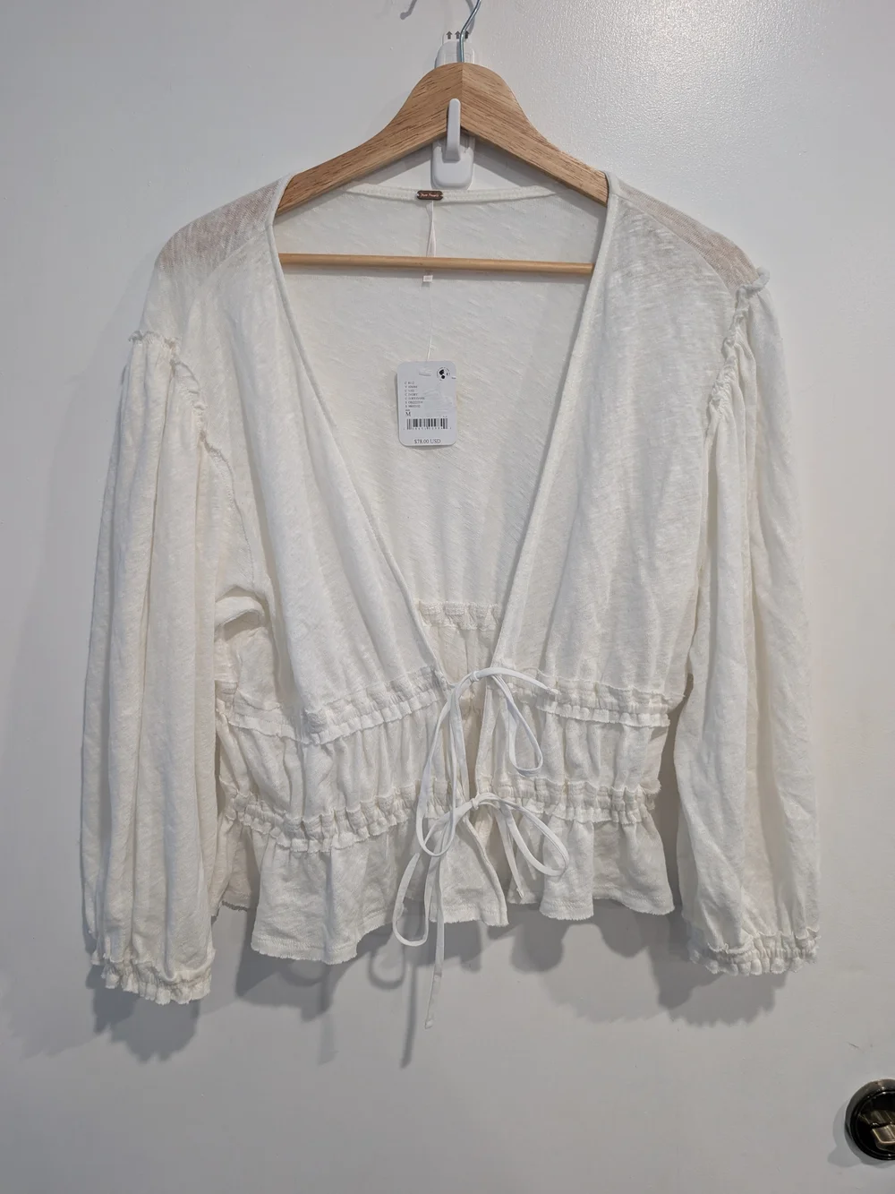 New Free People Let's Go Blouse White Size Medium Tie-front Linen/Cotton Boho